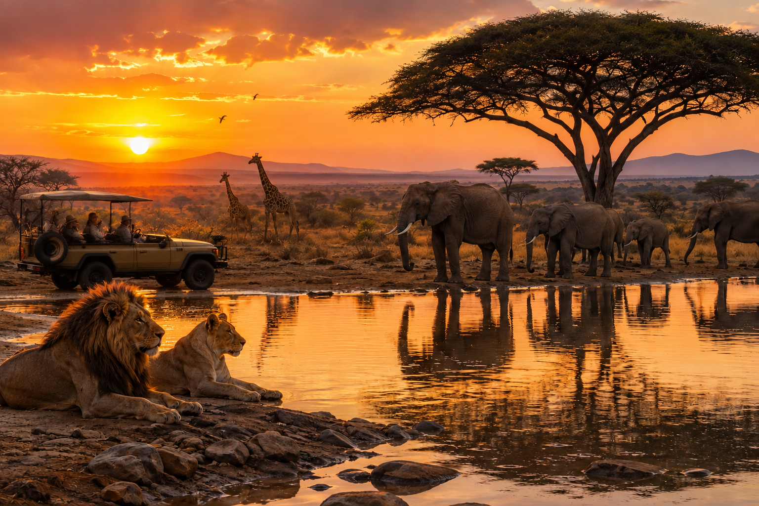 A safari jeep at sunset with elephants, lions, and giraffes gathered at a watering hole in Africa
